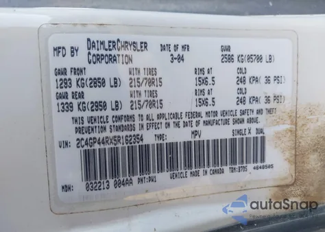 2005 Chrysler Town & Country Lx from USA, damaged, VIN 2C4GP44RX5R162354